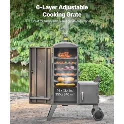 VEVOR Charcoal Offset Smoker, Heavy-Duty Steel BBQ Offset Smoker with Side Firebox, Movable Outdoor Barbecue Smokers with 6 Adjustable Grates, Thermometer & Air Vents for Backyard Patio Party Cooking