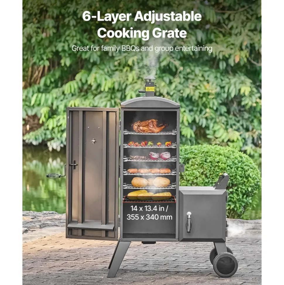 VEVOR Charcoal Offset Smoker, Heavy-Duty Steel BBQ Offset Smoker with Side Firebox, Movable Outdoor Barbecue Smokers with 6 Adjustable Grates, Thermometer & Air Vents for Backyard Patio Party Cooking