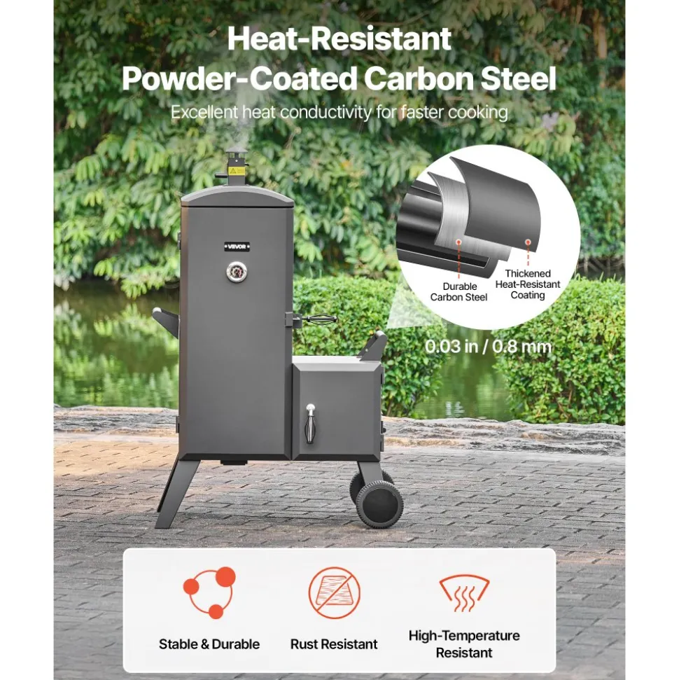 VEVOR Charcoal Offset Smoker, Heavy-Duty Steel BBQ Offset Smoker with Side Firebox, Movable Outdoor Barbecue Smokers with 6 Adjustable Grates, Thermometer & Air Vents for Backyard Patio Party Cooking