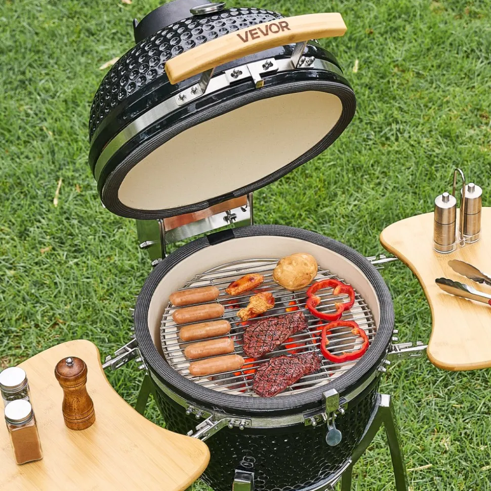 VEVOR Charcoal Smoker and Grill, 18" Kamado Charcoal BBQ Smoker, Movable Ceramic Barbecue Grill with 4 Wheels (2 Lockable), Built-in Thermometer, Air Vents & Side Shelf for Outdoor Patio Yard Cooking