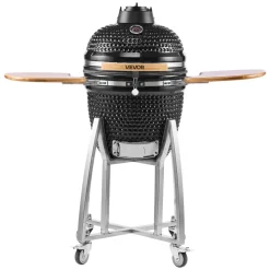 VEVOR Charcoal Smoker and Grill, 18" Kamado Charcoal BBQ Smoker, Movable Ceramic Barbecue Grill with 4 Wheels (2 Lockable), Built-in Thermometer, Air Vents & Side Shelf for Outdoor Patio Yard Cooking
