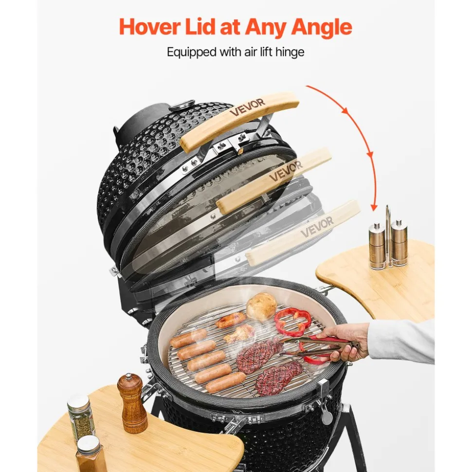 VEVOR Charcoal Smoker and Grill, 18" Kamado Charcoal BBQ Smoker, Movable Ceramic Barbecue Grill with 4 Wheels (2 Lockable), Built-in Thermometer, Air Vents & Side Shelf for Outdoor Patio Yard Cooking