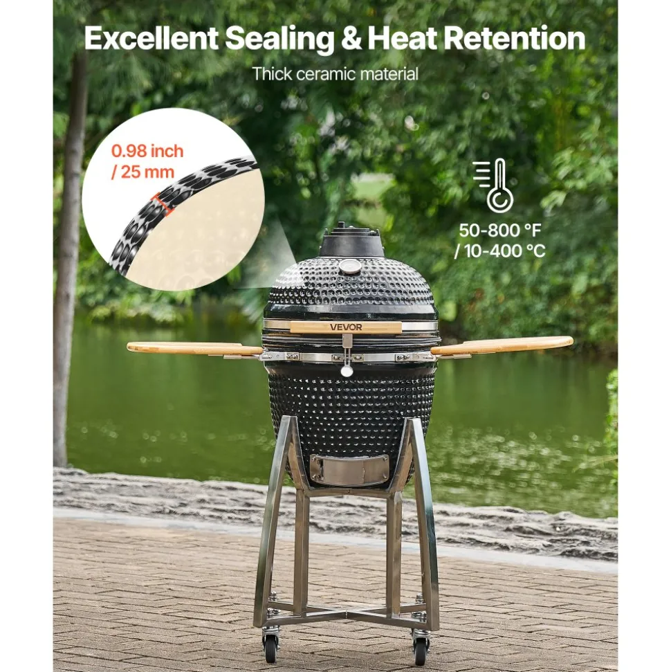 VEVOR Charcoal Smoker and Grill, 18" Kamado Charcoal BBQ Smoker, Movable Ceramic Barbecue Grill with 4 Wheels (2 Lockable), Built-in Thermometer, Air Vents & Side Shelf for Outdoor Patio Yard Cooking