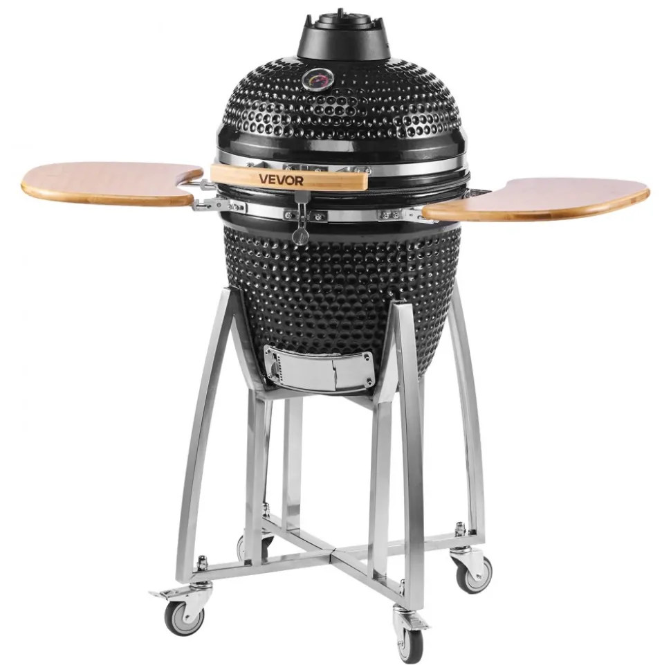 VEVOR Charcoal Smoker and Grill, 18" Kamado Charcoal BBQ Smoker, Movable Ceramic Barbecue Grill with 4 Wheels (2 Lockable), Built-in Thermometer, Air Vents & Side Shelf for Outdoor Patio Yard Cooking