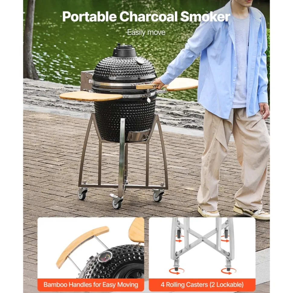 VEVOR Charcoal Smoker and Grill, 18" Kamado Charcoal BBQ Smoker, Movable Ceramic Barbecue Grill with 4 Wheels (2 Lockable), Built-in Thermometer, Air Vents & Side Shelf for Outdoor Patio Yard Cooking