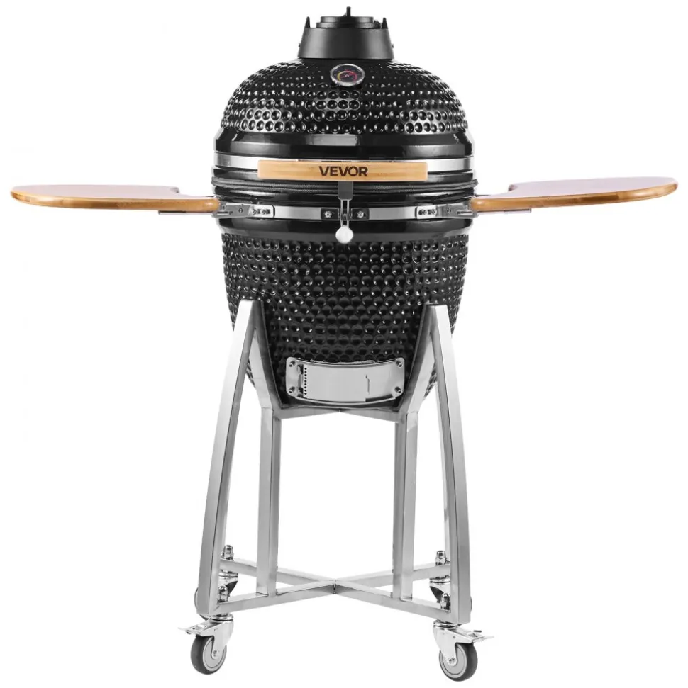 VEVOR Charcoal Smoker and Grill, 18" Kamado Charcoal BBQ Smoker, Movable Ceramic Barbecue Grill with 4 Wheels (2 Lockable), Built-in Thermometer, Air Vents & Side Shelf for Outdoor Patio Yard Cooking