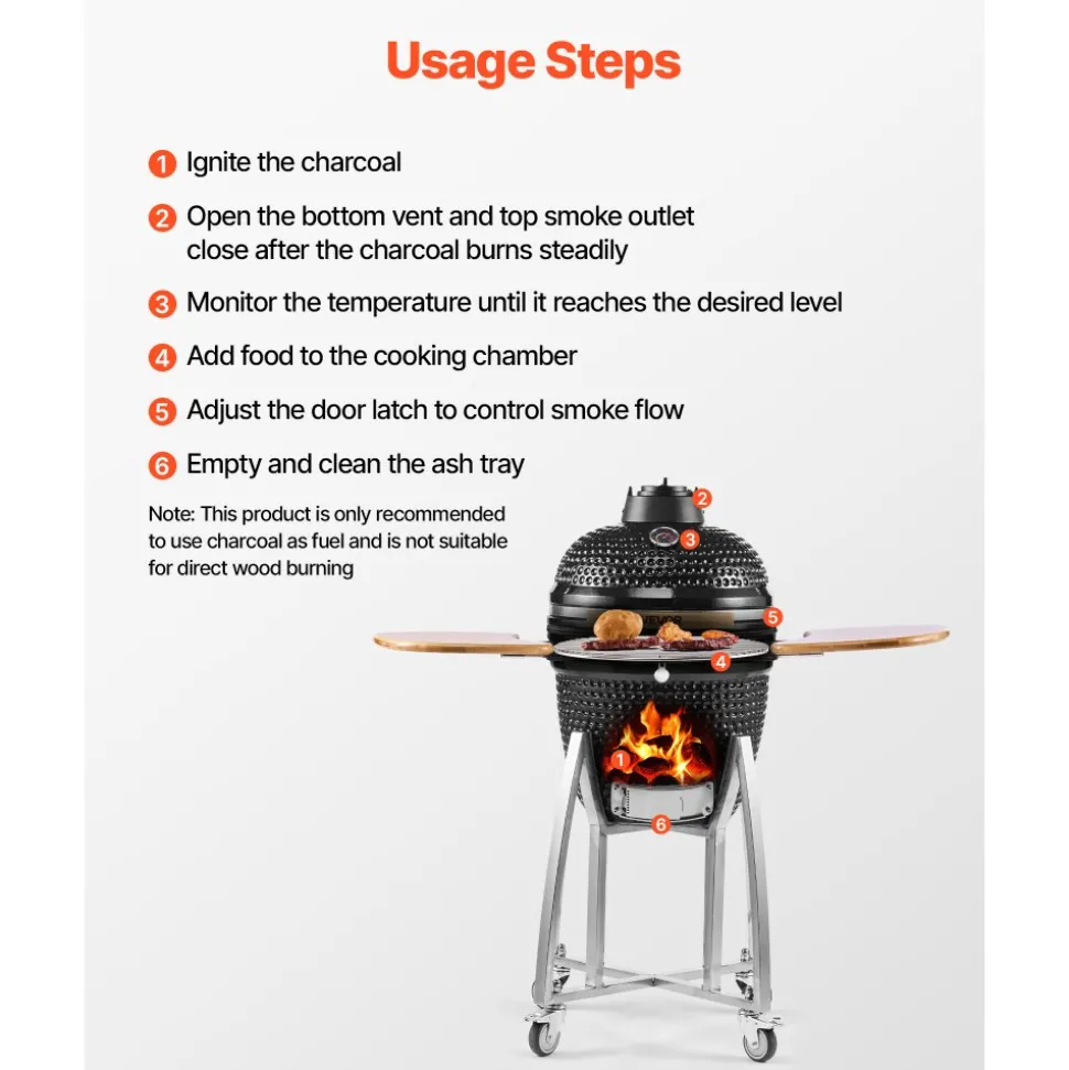 VEVOR Charcoal Smoker and Grill, 18" Kamado Charcoal BBQ Smoker, Movable Ceramic Barbecue Grill with 4 Wheels (2 Lockable), Built-in Thermometer, Air Vents & Side Shelf for Outdoor Patio Yard Cooking