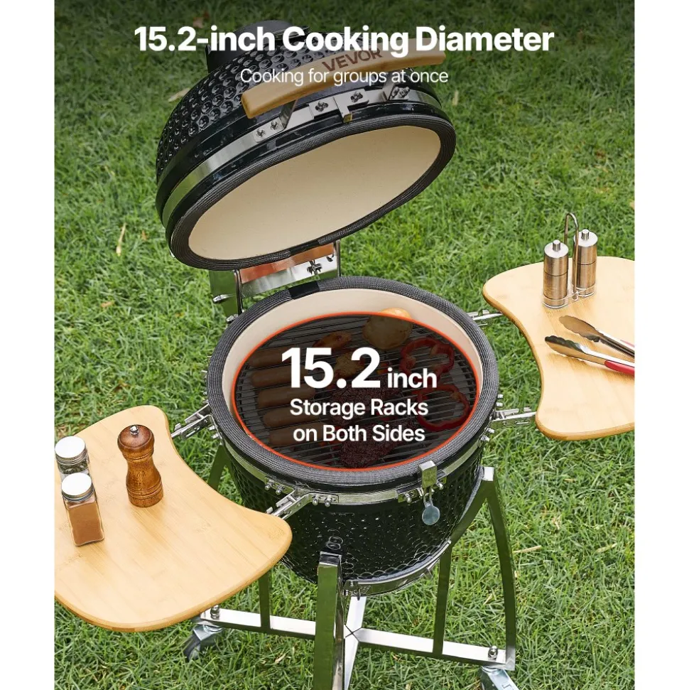 VEVOR Charcoal Smoker and Grill, 18" Kamado Charcoal BBQ Smoker, Movable Ceramic Barbecue Grill with 4 Wheels (2 Lockable), Built-in Thermometer, Air Vents & Side Shelf for Outdoor Patio Yard Cooking