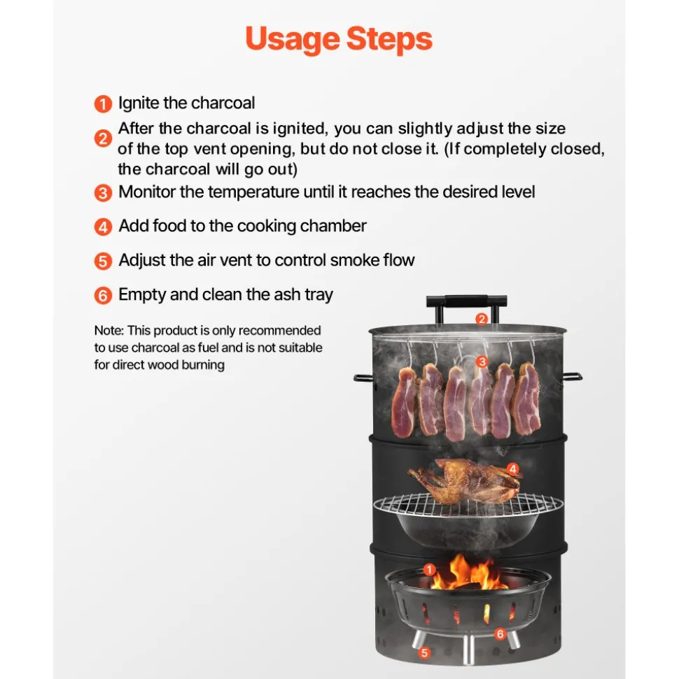 VEVOR Charcoal Smoker Grill, 18.5" Barrel Charcoal BBQ Smoker, Coated Steel Outdoor Barbecue Grill with 2 Grilling Grates, 1 Hanging Rod, 6 Hooks & Thermometer, Ideal for Party Backyard Patio Cooking