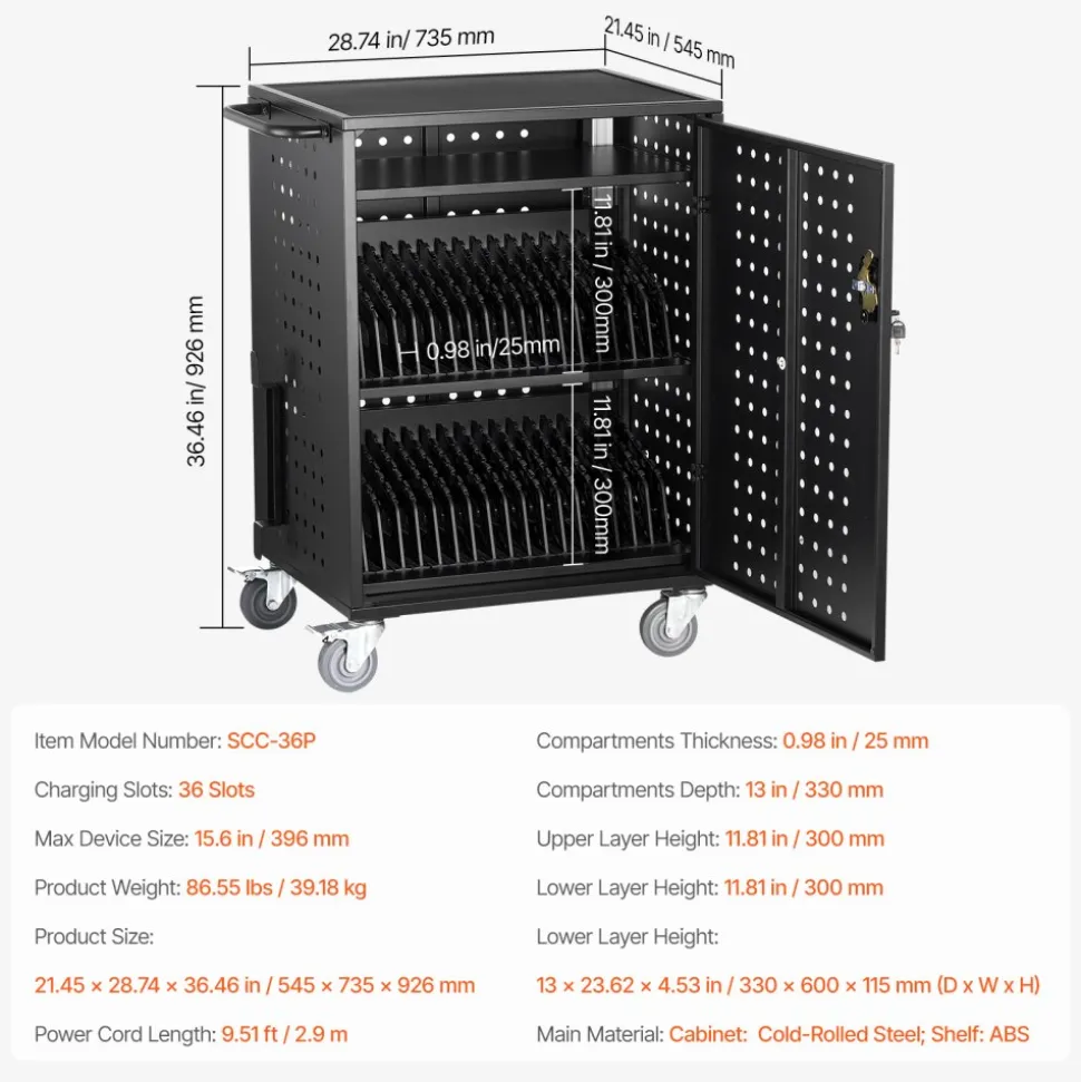 VEVOR Charging Cart, 36 Device Mobile Charging Station, Up to 15.6 in Screen Size, Office and Classroom Mobile Charging Cart, for Chromebook, Tablet and Laptop