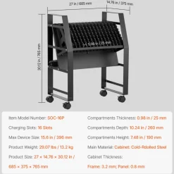 VEVOR Charging Cart, 16 Device Mobile Open Charging Station, Up to 15.6 in Screen Size, Office and Classroom Mobile Charging Cart, for Chromebook, Tablet and Laptop