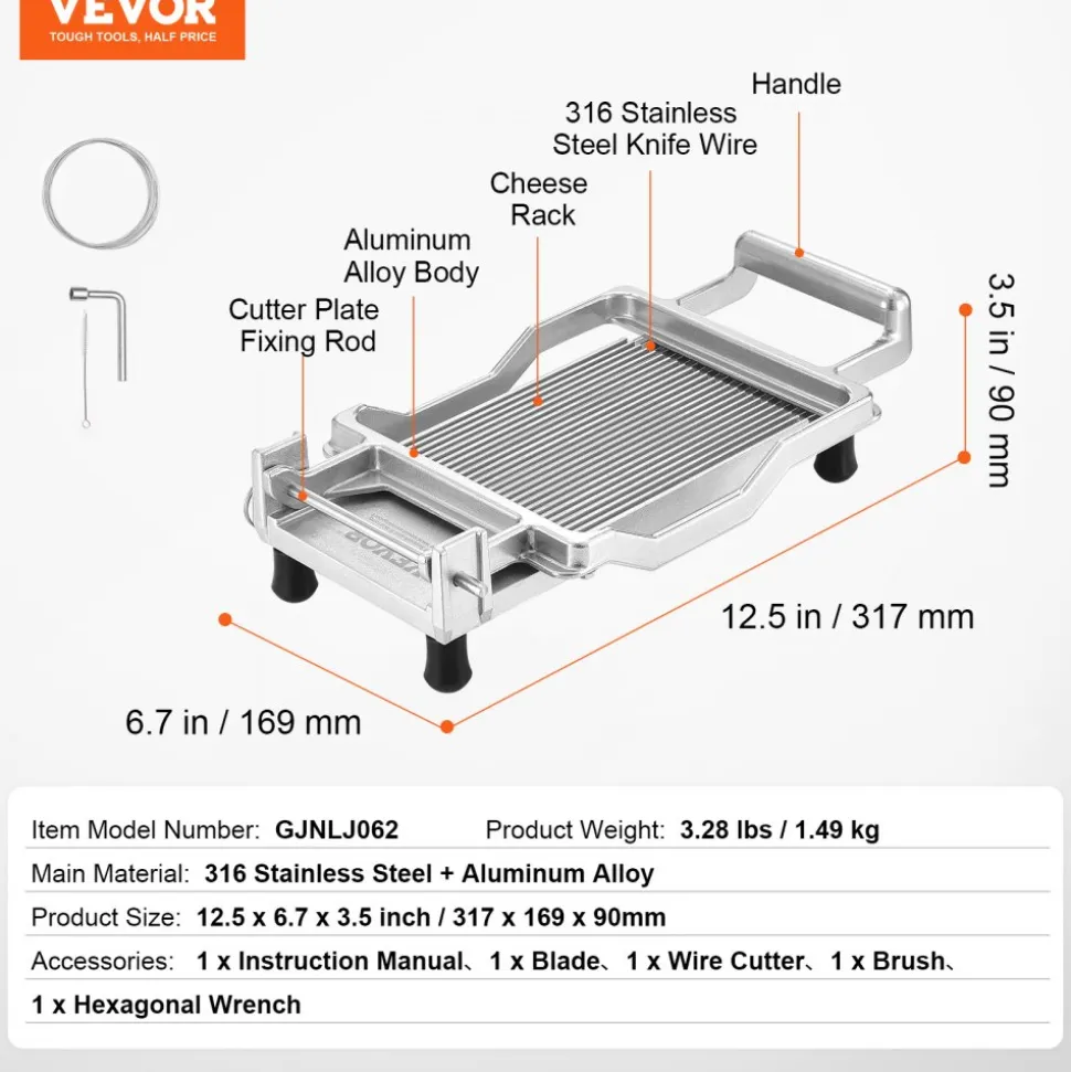 VEVOR Cheese Cutter with Wire, 0.2" Ultra-Thin Cheeser Butter Cutting Blade, Detachable Cheese Slicer Wire, Aluminum Alloy Commercial Cheese Slicer with 316 Stainless Steel Knife Wire, Kitchen Cooking