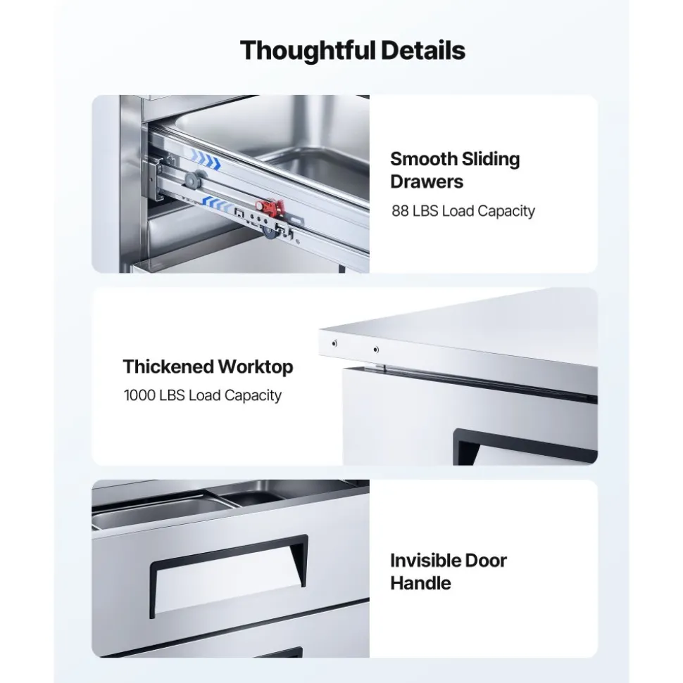 VEVOR Chef Base Refrigerator, 72" W Commercial Chef Bases Worktop Refrigerators, 4-Drawer Under Counter Fridge with 12 Pans Stainless Steel, Heavy-Duty Refrigerated Base, Invisible Door Handle