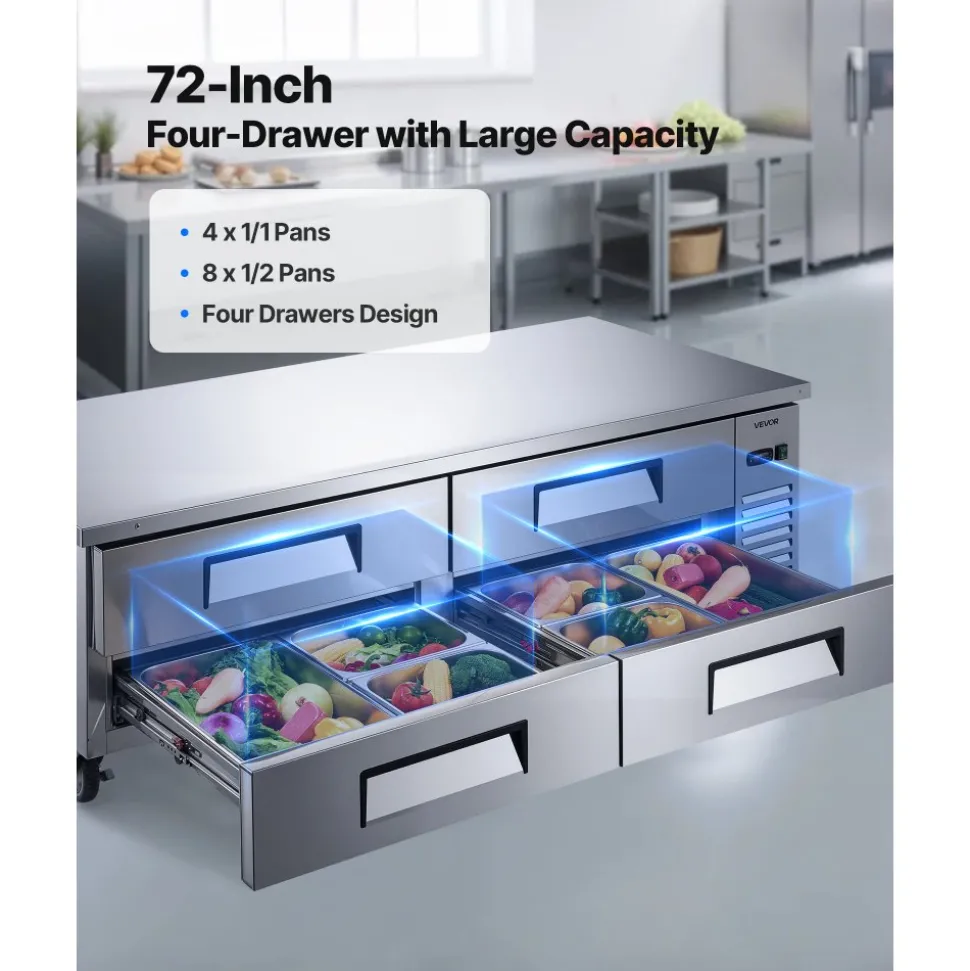 VEVOR Chef Base Refrigerator, 72" W Commercial Chef Bases Worktop Refrigerators, 4-Drawer Under Counter Fridge with 12 Pans Stainless Steel, Heavy-Duty Refrigerated Base, Invisible Door Handle