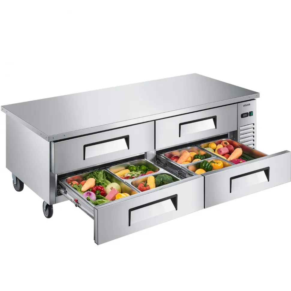 VEVOR Chef Base Refrigerator, 72" W Commercial Chef Bases Worktop Refrigerators, 4-Drawer Under Counter Fridge with 12 Pans Stainless Steel, Heavy-Duty Refrigerated Base, Invisible Door Handle