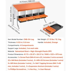 VEVOR Chicken Nesting Boxes, 4 Compartments, with Support Legs, Easy Egg Collection, Galvanized Steel and High-Strength Plastic, Roll Away Nesting Boxes for Chickens and Hens Laying Eggs, Orange