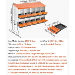 VEVOR Chicken Nesting Boxes, 10 Compartments, with Support Legs, Easy Egg Collection, Galvanized Steel and High-Strength Plastic, Roll Away Nesting Boxes for Chickens and Hens Laying Eggs, Orange
