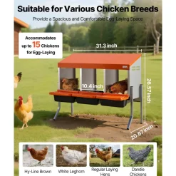 VEVOR Chicken Nesting Boxes, 3 Compartments, with Support Legs, Easy Egg Collection, Galvanized Steel and High-Strength Plastic, Roll Away Nesting Boxes for Chickens and Hens Laying Eggs, Orange
