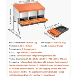 VEVOR Chicken Nesting Boxes, 3 Compartments, with Support Legs, Easy Egg Collection, Galvanized Steel and High-Strength Plastic, Roll Away Nesting Boxes for Chickens and Hens Laying Eggs, Orange