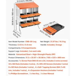 VEVOR Chicken Nesting Boxes, 6 Compartments, with Support Legs, Easy Egg Collection, Galvanized Steel and High-Strength Plastic, Roll Away Nesting Boxes for Chickens and Hens Laying Eggs, Orange