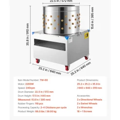 VEVOR Chicken Plucker Machine, 23.6 in Drum, 2200W & 240RPM Electric Chicken Plucking Machine with 119 Soft Fingers & Transport Wheels, Stainless Steel Feather Remover for Processing 2-4 Chicks Once