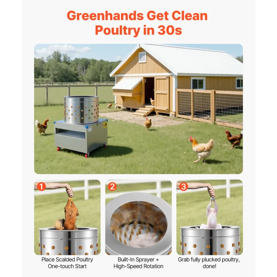 VEVOR Chicken Plucker Machine, 23.6 in Drum, 2200W & 240RPM Electric Chicken Plucking Machine with 119 Soft Fingers & Transport Wheels, Stainless Steel Feather Remover for Processing 2-4 Chicks Once