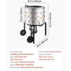 VEVOR Chicken Plucker Machine, 19.7 in Drum, 750W & 275RPM Electric Chicken Plucking Machine with 98 Soft Fingers & Transport Wheels, Stainless Steel Feather Remover for Processing 2 Chicks Once