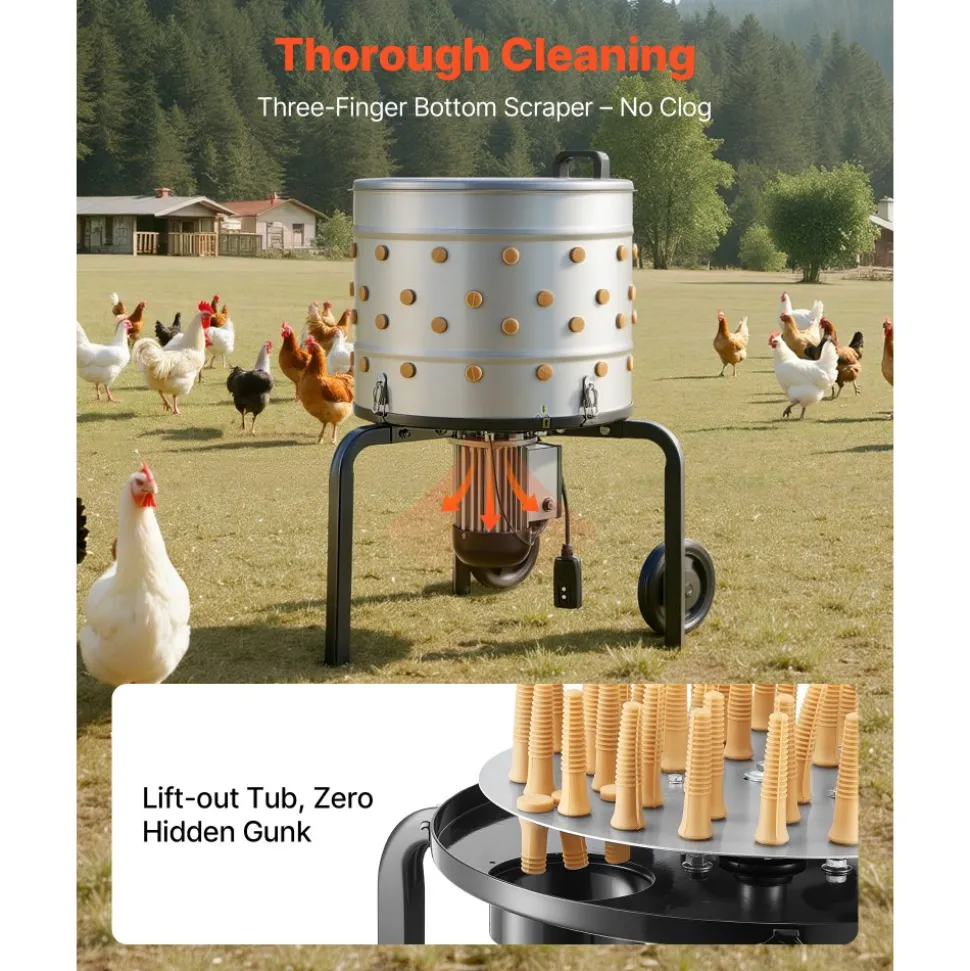 VEVOR Chicken Plucker Machine, 19.7 in Drum, 750W & 275RPM Electric Chicken Plucking Machine with 98 Soft Fingers & Transport Wheels, Stainless Steel Feather Remover for Processing 2 Chicks Once