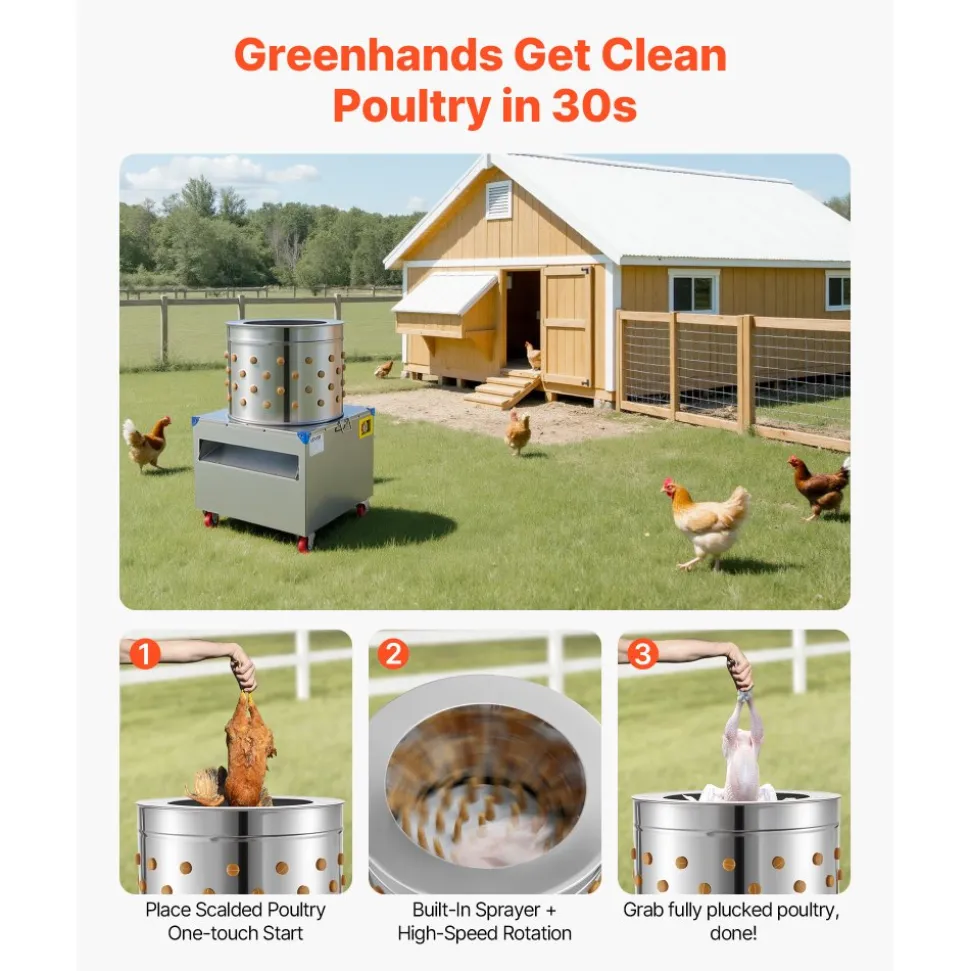 VEVOR Chicken Plucker Machine, 19.7 in Drum, 2HP & 275RPM Electric Chicken Plucking Machine with 106 Soft Fingers & Transport Wheels, Stainless Steel Feather Remover for Processing 2-4 Chicks Once