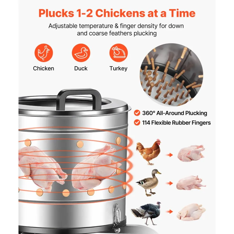 VEVOR Chicken Plucker Machine, 15.7 in Drum, 550W & 275RPM Electric Chicken Plucking Machine with 114 Soft Fingers & Transport Wheels, Stainless Steel Feather Remover for Processing 1-2 Chicks Once
