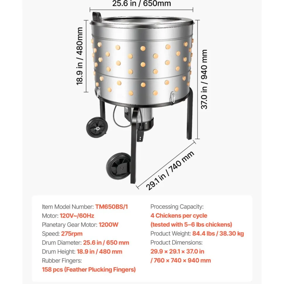 VEVOR Chicken Plucker Machine, 25.6 in Drum, 1200W & 275RPM Electric Chicken Plucking Machine with 158 Soft Fingers & Transport Wheels, Stainless Steel Feather Remover for Processing 4 Chicks Once