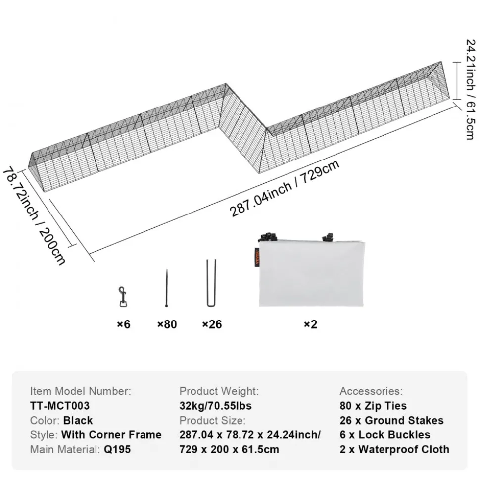 VEVOR Chicken Tunnels, 287 x 78.7 x 24.2 inch(LxWxH) Chicken Tunnels for Yard, Portable Chicken Tunnels for Outside with Corner Frames, 2 Sets, Suitable for Chickens, Ducks, Rabbits