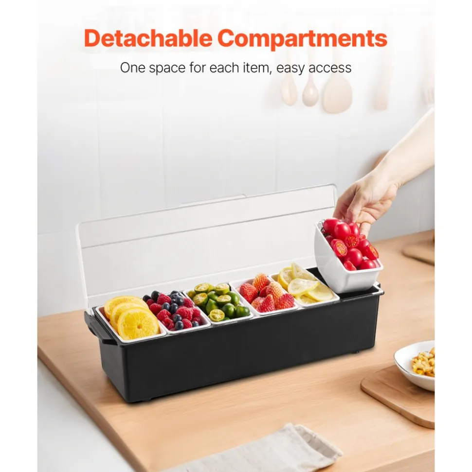 VEVOR Chilled Condiment Server, 6 Compartment Ice Cooled Condiment Serving Container, Chilled Garnish Tray Bar Caddy with Lid, for Bartending & Serving Taco, Salad, Fruit, Home & Restaurant Supplies