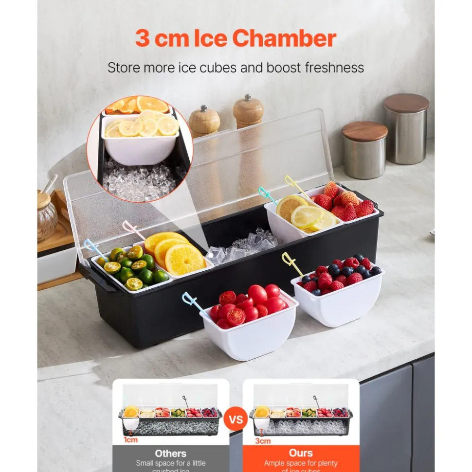 VEVOR Chilled Condiment Server, 6 Compartment Ice Cooled Condiment Serving Container, Chilled Garnish Tray Bar Caddy with Lid, for Bartending & Serving Taco, Salad, Fruit, Home & Restaurant Supplies