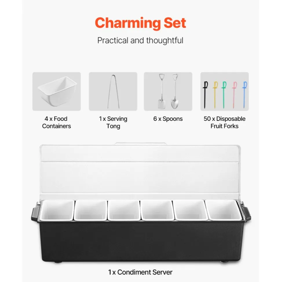 VEVOR Chilled Condiment Server, 6 Compartment Ice Cooled Condiment Serving Container, Chilled Garnish Tray Bar Caddy with Lid, for Bartending & Serving Taco, Salad, Fruit, Home & Restaurant Supplies