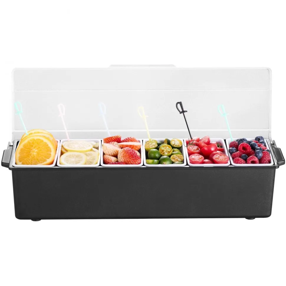 VEVOR Chilled Condiment Server, 6 Compartment Ice Cooled Condiment Serving Container, Chilled Garnish Tray Bar Caddy with Lid, for Bartending & Serving Taco, Salad, Fruit, Home & Restaurant Supplies