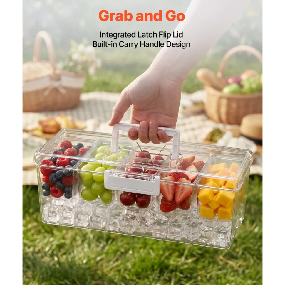 VEVOR Chilled Condiment Server Caddy, 5 Compartment Ice Cooled Serving Container, Plastic Fruit Garnish Tray Platter with Lid, for Taco Salad Bar Accessories, Party Home Restaurant Supplies