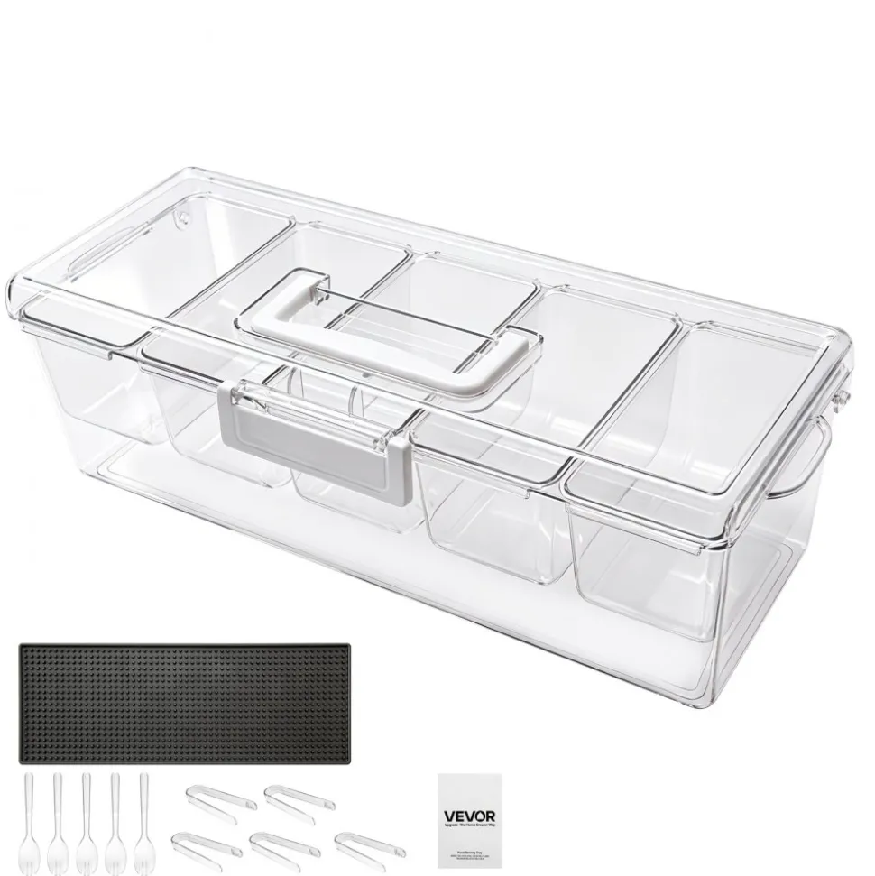 VEVOR Chilled Condiment Server Caddy, 5 Compartment Ice Cooled Serving Container, Plastic Fruit Garnish Tray Platter with Lid, for Taco Salad Bar Accessories, Party Home Restaurant Supplies