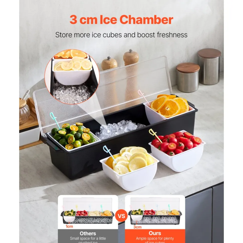 VEVOR Chilled Condiment Server, 4 Compartment Ice Cooled Condiment Serving Container, Chilled Garnish Tray Bar Caddy with Lid, for Bartending & Serving Taco, Salad, Fruit, Home & Restaurant Supplies