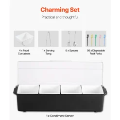 VEVOR Chilled Condiment Server, 4 Compartment Ice Cooled Condiment Serving Container, Chilled Garnish Tray Bar Caddy with Lid, for Bartending & Serving Taco, Salad, Fruit, Home & Restaurant Supplies