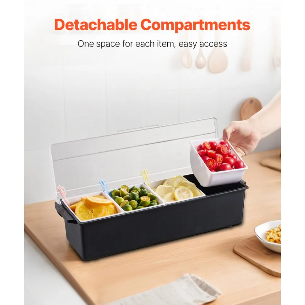 VEVOR Chilled Condiment Server, 4 Compartment Ice Cooled Condiment Serving Container, Chilled Garnish Tray Bar Caddy with Lid, for Bartending & Serving Taco, Salad, Fruit, Home & Restaurant Supplies