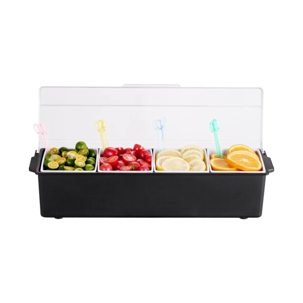 VEVOR Chilled Condiment Server, 4 Compartment Ice Cooled Condiment Serving Container, Chilled Garnish Tray Bar Caddy with Lid, for Bartending & Serving Taco, Salad, Fruit, Home & Restaurant Supplies