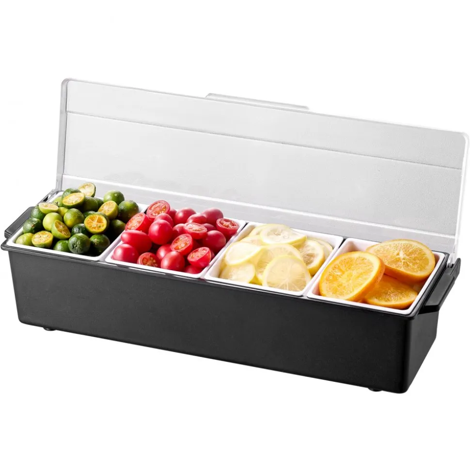 VEVOR Chilled Condiment Server, 4 Compartment Ice Cooled Condiment Serving Container, Chilled Garnish Tray Bar Caddy with Lid, for Bartending & Serving Taco, Salad, Fruit, Home & Restaurant Supplies