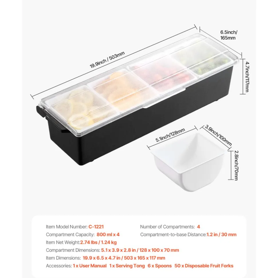 VEVOR Chilled Condiment Server, 4 Compartment Ice Cooled Condiment Serving Container, Chilled Garnish Tray Bar Caddy with Lid, for Bartending & Serving Taco, Salad, Fruit, Home & Restaurant Supplies