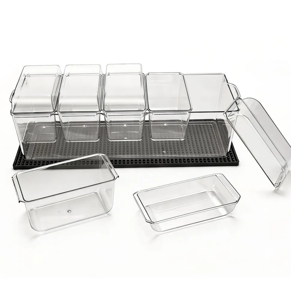 VEVOR Chilled Condiment Server Caddy, 5 Compartment Ice Cooled Serving Container, Plastic Fruit Garnish Tray Platter with Separate Lid, for Taco Salad Bar Accessories, Party Home Restaurant Supplies
