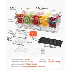 VEVOR Chilled Condiment Server Caddy, 5 Compartment Ice Cooled Serving Container, Plastic Fruit Garnish Tray Platter with Separate Lid, for Taco Salad Bar Accessories, Party Home Restaurant Supplies