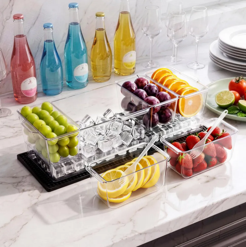 VEVOR Chilled Condiment Server Caddy, 5 Compartment Ice Cooled Serving Container, Plastic Fruit Garnish Tray Platter with Separate Lid, for Taco Salad Bar Accessories, Party Home Restaurant Supplies