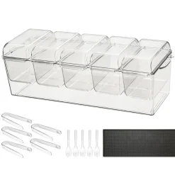 VEVOR Chilled Condiment Server Caddy, 5 Compartment Ice Cooled Serving Container, Plastic Fruit Garnish Tray Platter with Separate Lid, for Taco Salad Bar Accessories, Party Home Restaurant Supplies