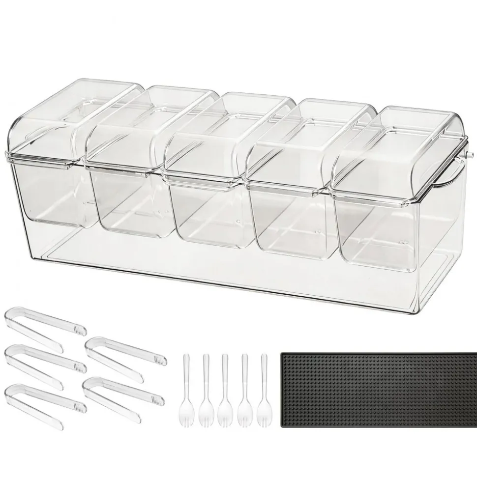 VEVOR Chilled Condiment Server Caddy, 5 Compartment Ice Cooled Serving Container, Plastic Fruit Garnish Tray Platter with Separate Lid, for Taco Salad Bar Accessories, Party Home Restaurant Supplies