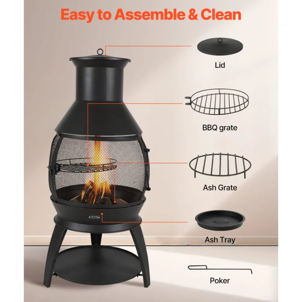 VEVOR Chiminea, 22 Inch Outdoor Wood Burning Firepit, Iron Spherical Fireplace for BBQ & Warming, Wooden Fire Pit with Grill Mesh, Chimney Coat & Rustproof Chiminea Lid, for Patio, Garden, Backyard